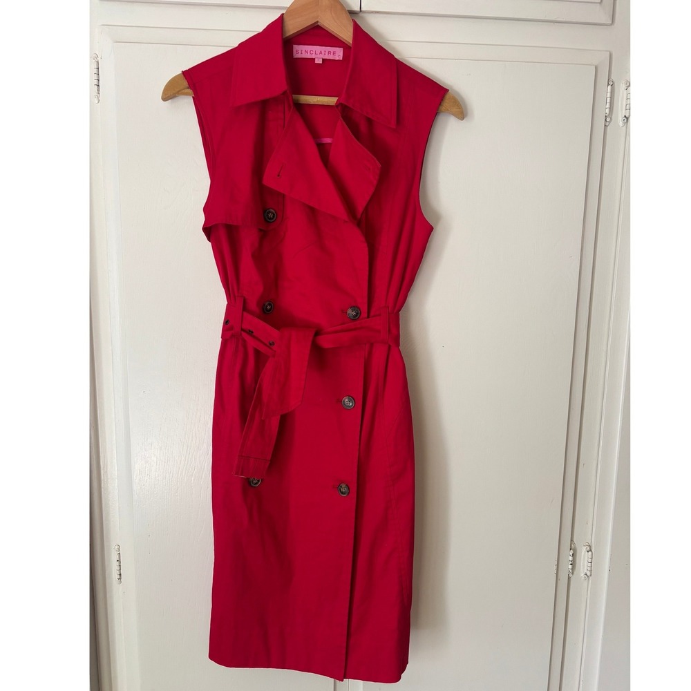 Sinclaire Womens Red Sleeveless Double Breasted Trench Midi Dress Belted Size 6